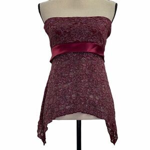KIWI Burgundy Sharkbite Strapless Floral Blouse